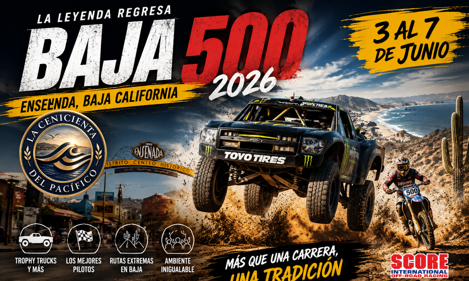 Vehículos off-road compiten durante la Baja 500 2026 en el desierto de Ensenada, Baja California.
