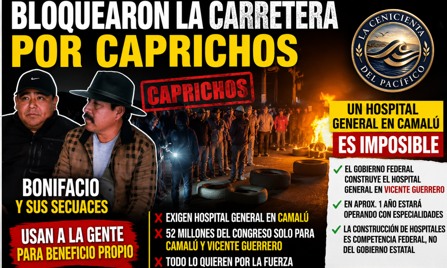Manifestantes bloquean la carretera Transpeninsular en Camalú durante la noche afectando autobuses y pacientes que viajaban hacia Ensenada.