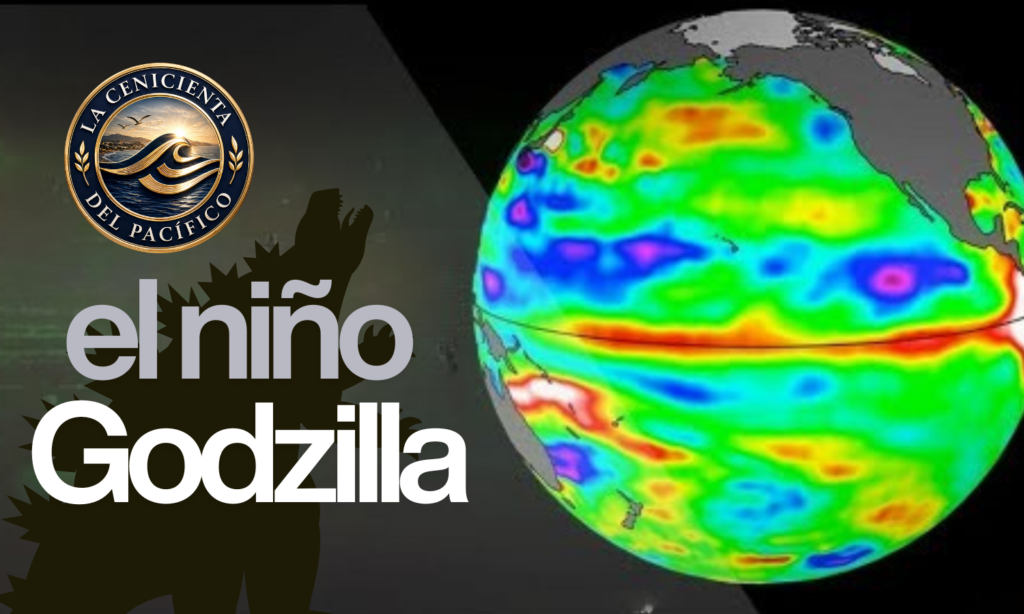 Ilustración tipo boceto del mundo mostrando la trayectoria estimada del fenómeno “El Niño Godzilla” sobre el océano Pacífico y las posibles zonas afectadas en México y América.