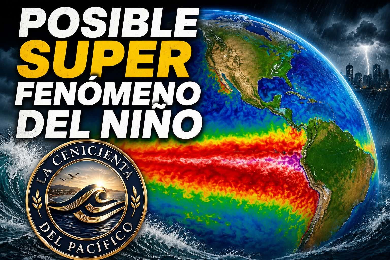 Mapa y representación del fenómeno climático “El Niño Godzilla” en el océano Pacífico, con posibles afectaciones para México durante la temporada de huracanes 2026.