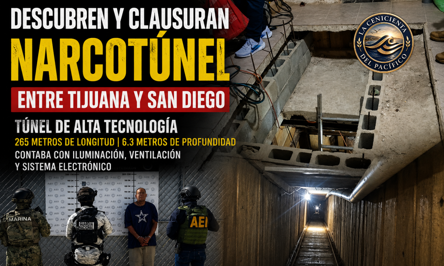 Entrada y estructura interna del narcotúnel localizado por la FGR en Tijuana, Baja California, durante un operativo que permitió inhabilitar una conexión clandestina hacia San Diego.