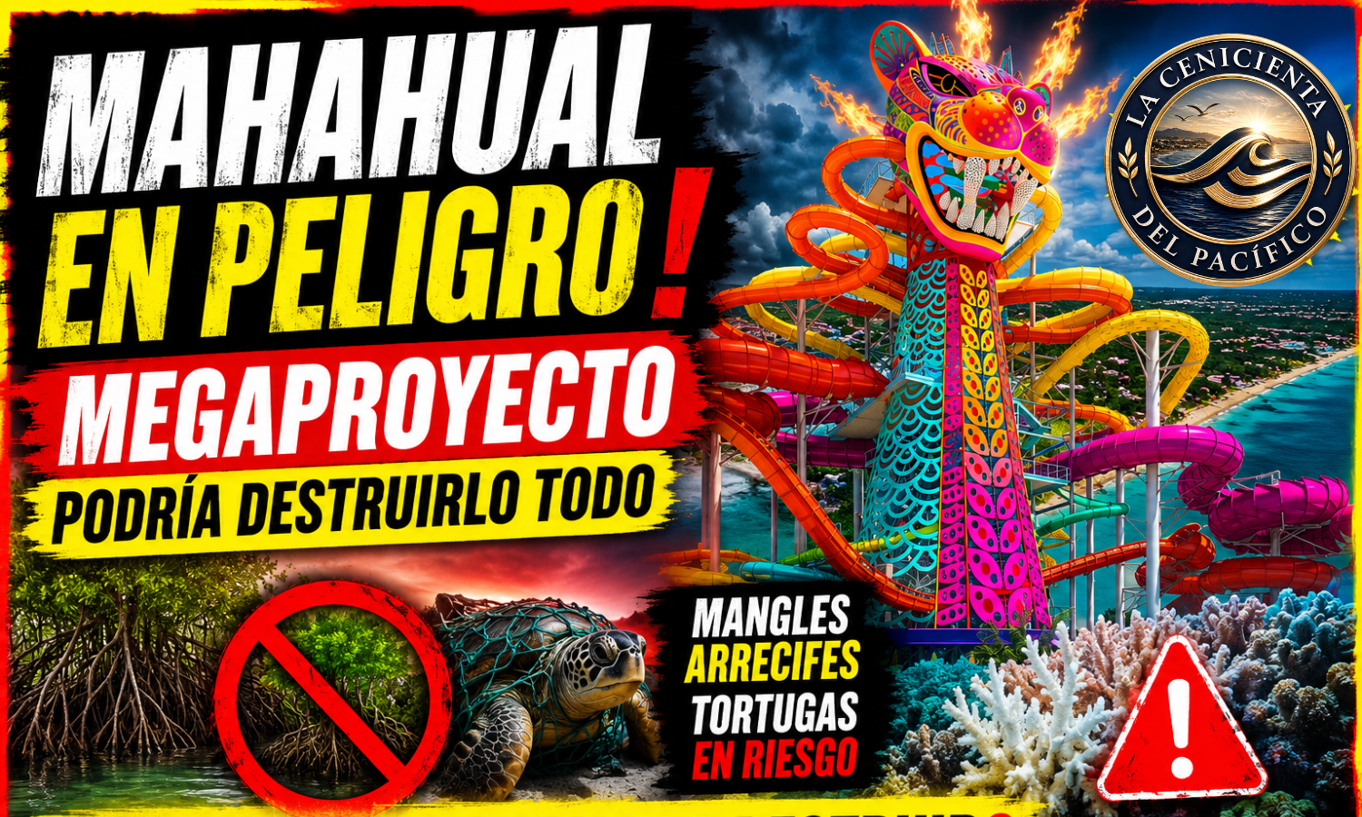 Miniatura viral sobre la controversia en Mahahual por el megaproyecto turístico Perfect Day México, mostrando un enorme parque acuático colorido, arrecifes, manglares y tortugas en riesgo, con textos alarmistas sobre daño ambiental y miles de firmas en contra.
