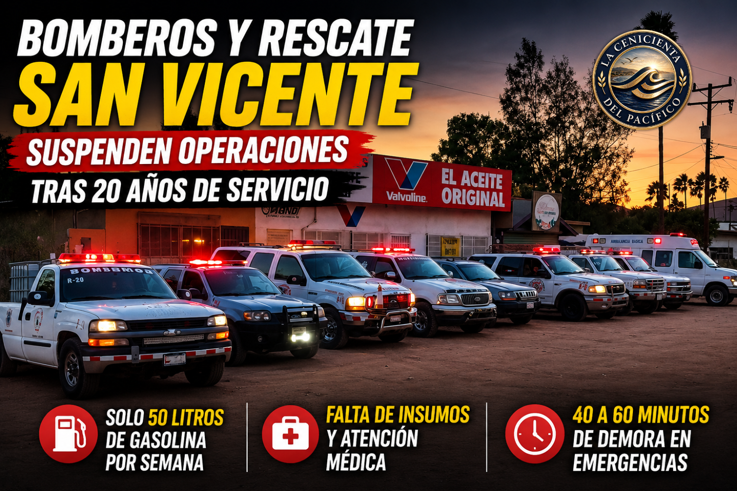 Unidades de Bomberos y Rescate San Vicente formadas durante la suspensión de operaciones tras 20 años de servicio en San Vicente, Ensenada.