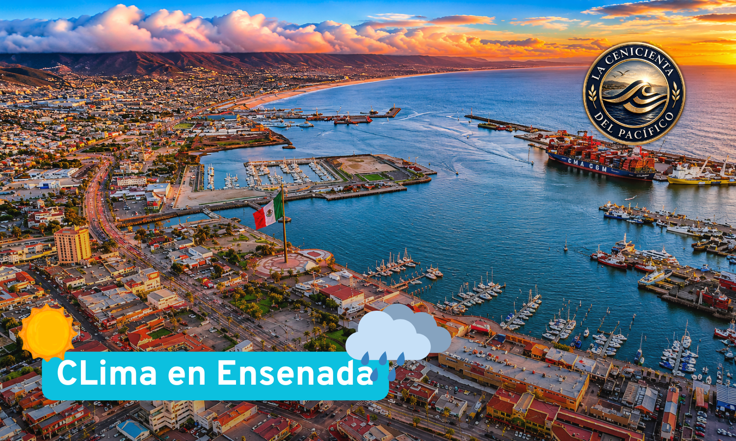 Clima en Ensenada hoy con vista panorámica del puerto y la bahía de Ensenada, Baja California