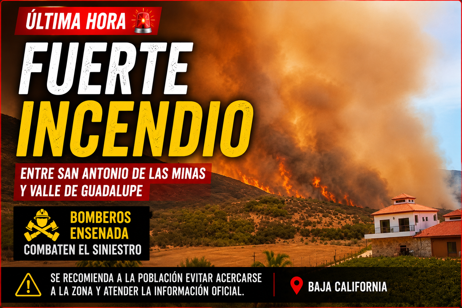 Fuerte incendio forestal entre San Antonio de las Minas y Valle de Guadalupe en Ensenada, Baja California, con una gran columna de humo y llamas avanzando sobre la vegetación mientras bomberos realizan labores de combate.