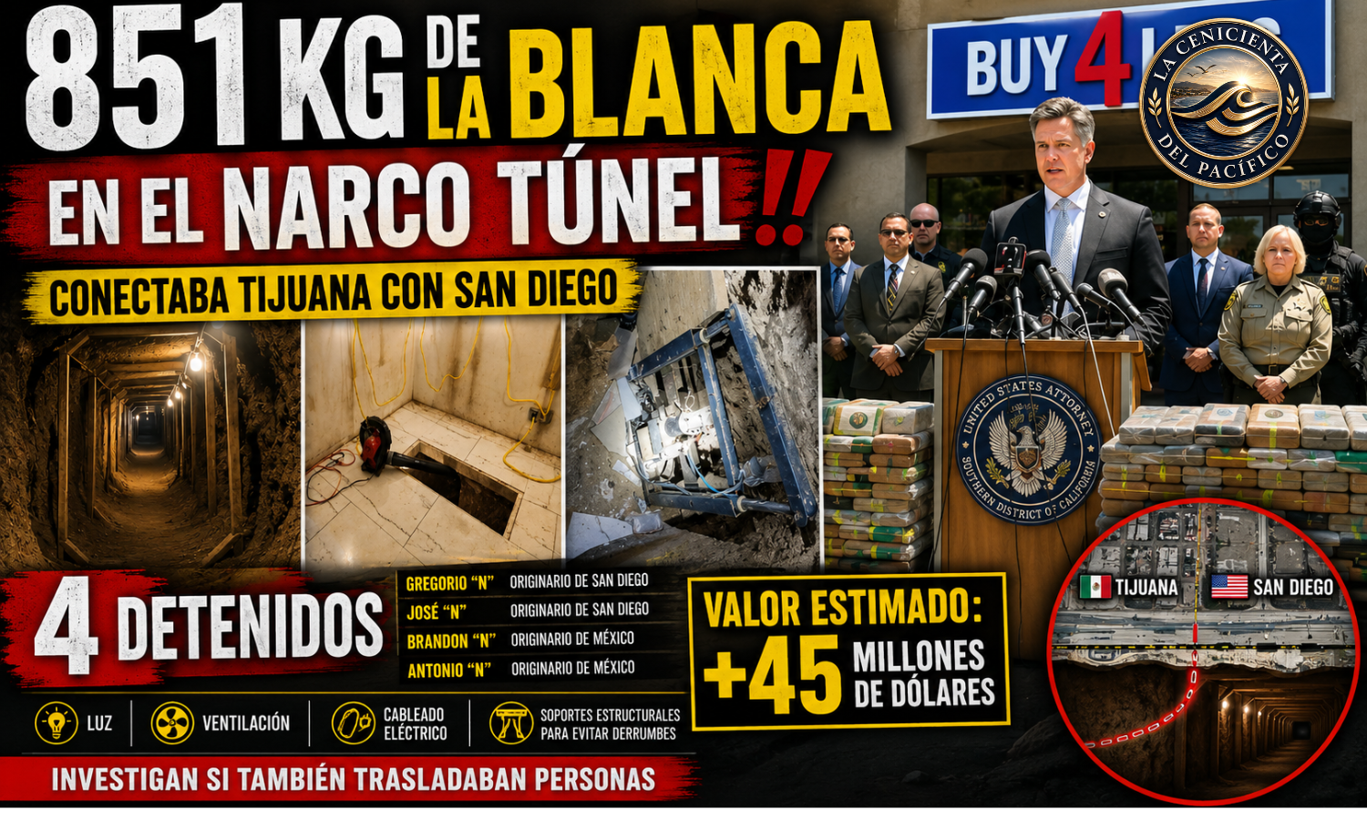 Autoridades presentan 851 kilogramos de cocaína asegurados en un narcotúnel que conectaba Tijuana con San Diego a través de la garita de Otay.