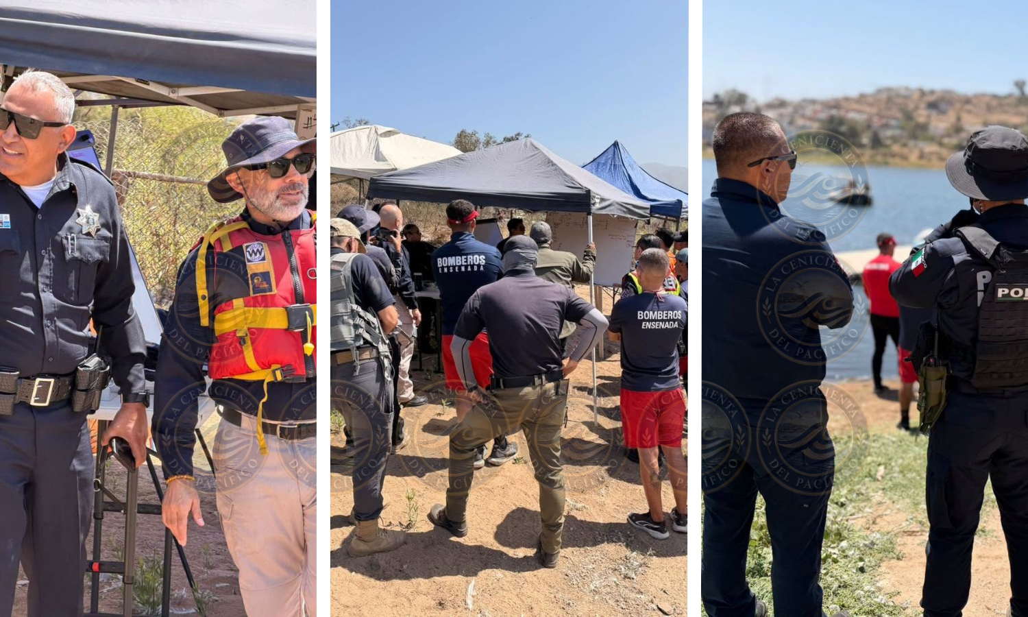 Autoridades, bomberos y colectivos participan en operativo de búsqueda de personas desaparecidas en la presa Emilio López Zamora de Ensenada, Baja California.