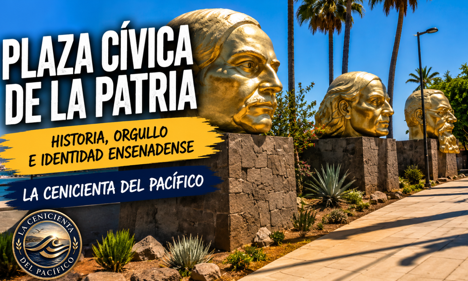 Plaza Cívica en Ensenada con las emblemáticas Tres Cabezas frente a la bahía.